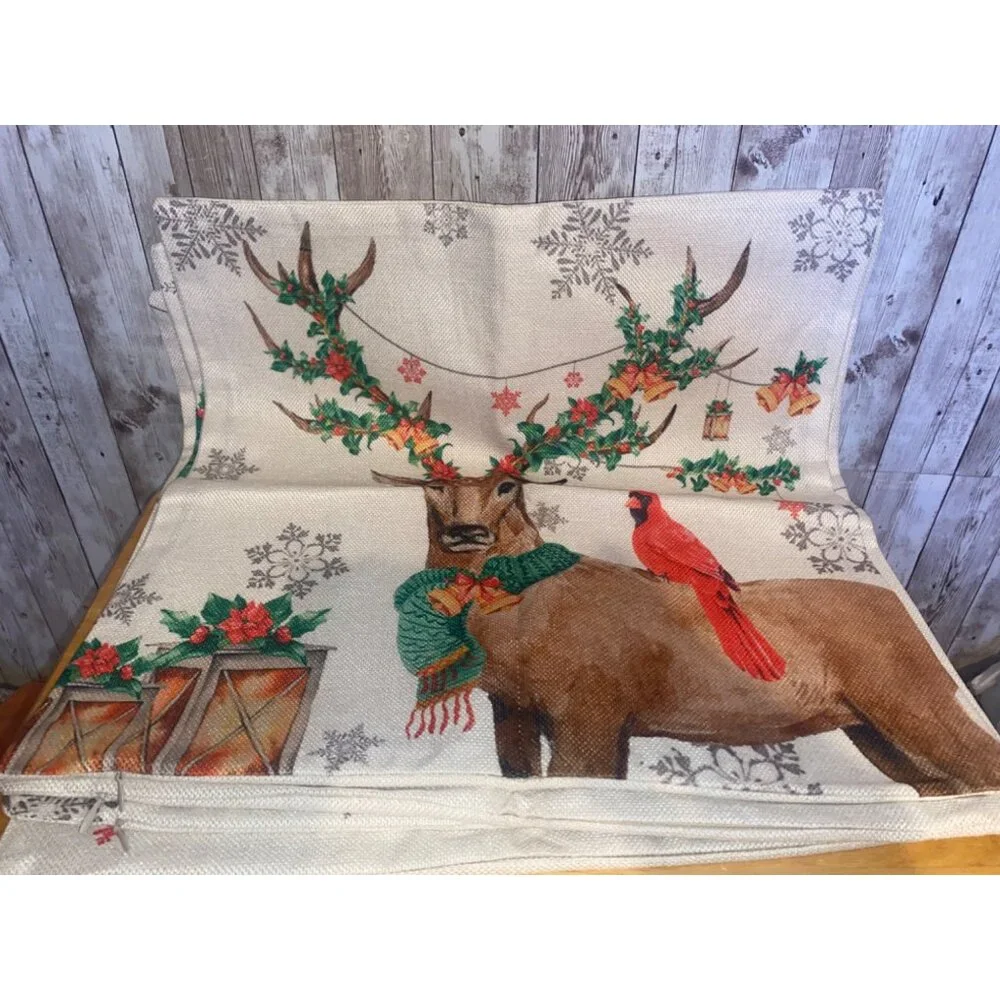 Set of 4 Christmas Zipper Throw Pillow Cover Cases 18 x 18 Reindeer Bird Holiday
